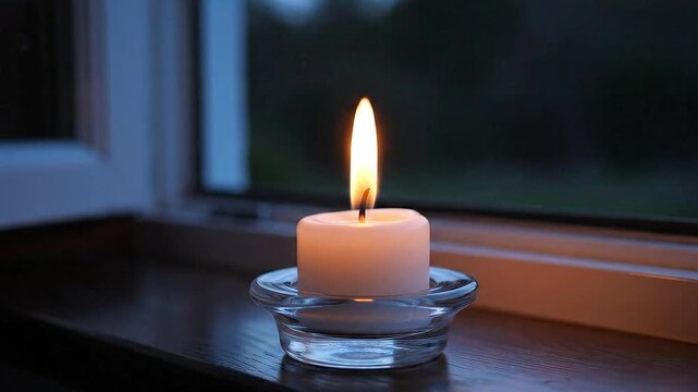 Candle Flame Flickering in Wind on Window Sill at Dusk