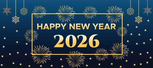 Happy New Year 2026 Banner with Gold Fireworks and Hanging Ornaments on Dark Blue Background