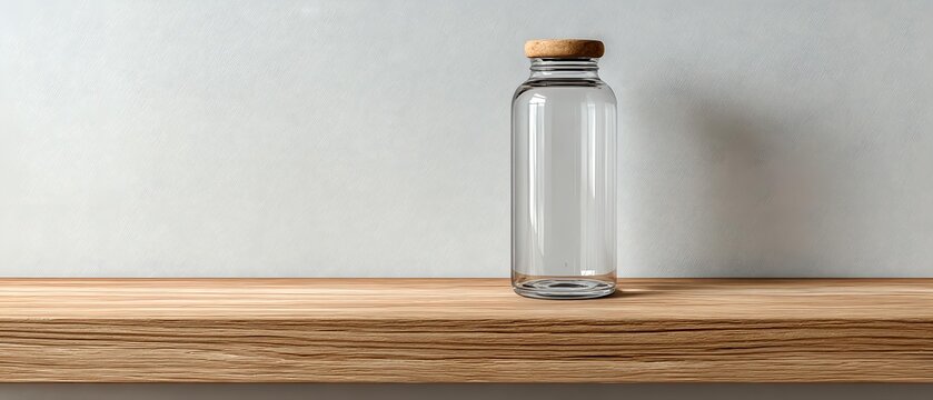 Empty glass jar with cork lid on wooden shelf against neutral wall background, minimalist home storage solution for pantry organization.