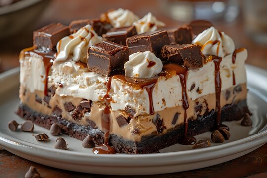 Decadent chocolate caramel cheesecake bars with fudge brownie base, creamy filling, whipped cream swirls and chocolate chunks on white plate.