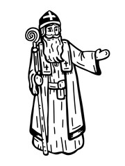 Saint Nicholas standing full length and pointing with his hand. Black and white illustration