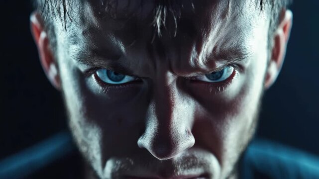 Male athlete grimacing with steely eyes, muscular build, and beard stubble in close-up shot against dark background.