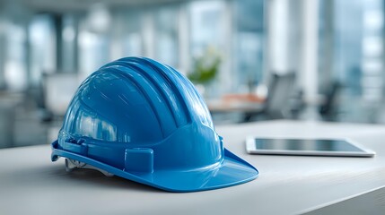 Blue safety helmet on white desk in modern office environment with digital tablet and blurred workspace background.