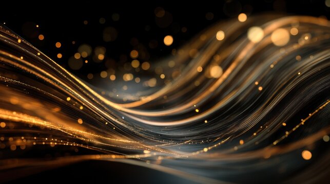 Abstract flowing lines with golden bokeh and shimmering particles on a black background for creative and modern design projects
