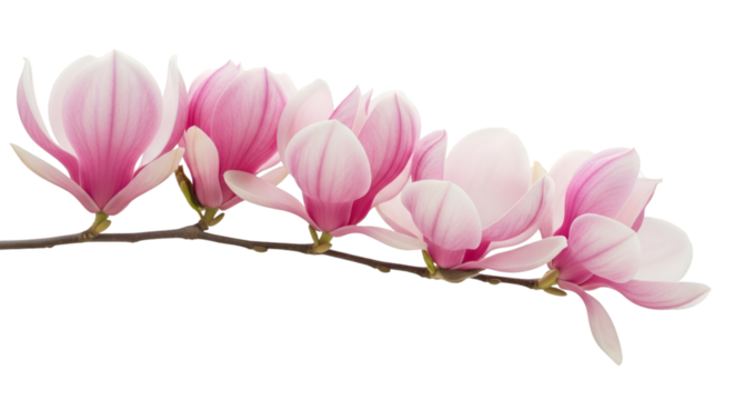 Pink magnolia flowers on a branch isolated on black