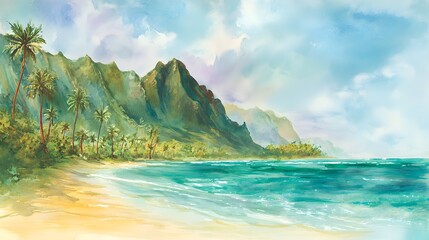 Serene Hawaiian watercolor landscape evokes tropical warmth inviting peaceful island escape artistry