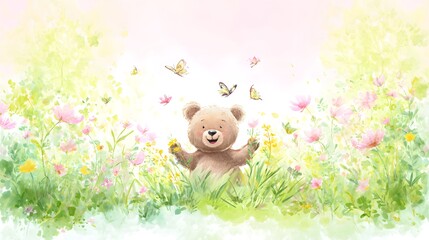 Joyful baby bear catches butterflies in a whimsical springtime meadow illustration artwork