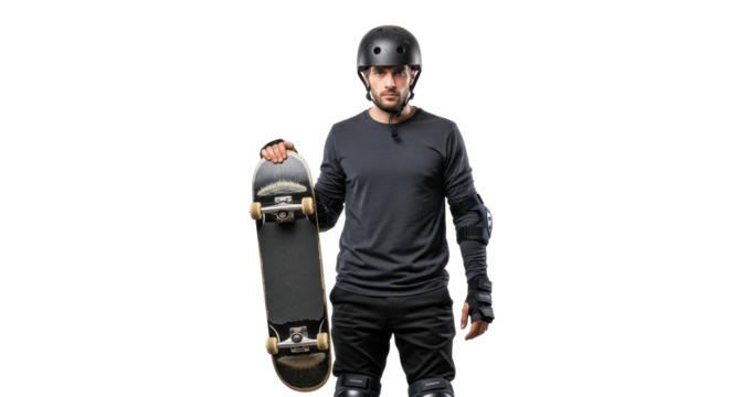 Confident skateboarder with helmet holding skateboard ready for action for extreme sports marketing campaigns
