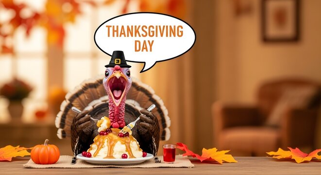 A humorous and playful design concept for a Thanksgiving Day greeting card or social media post