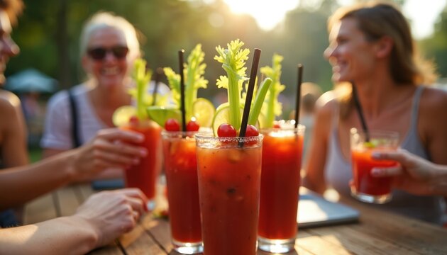 Women enjoy bloody mary cocktails at outdoor gathering. Friends share drinks and conversation in casual setting. Group of women relax with tomato juice drinks on wooden table. - Powered by Adobe