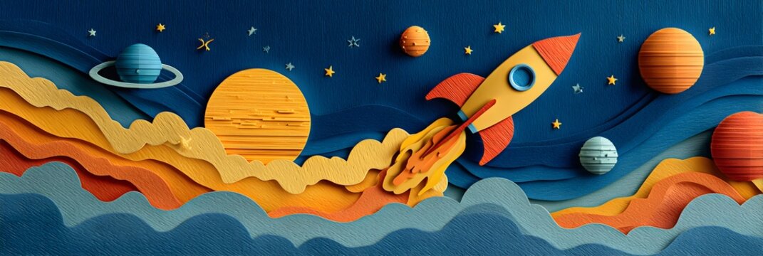 Colorful paper-cut rocket flying through cosmic landscape, business startup and growth concept