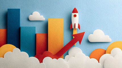 Paper-cut rocket rising above bar chart with red arrow, business growth and analytics concept