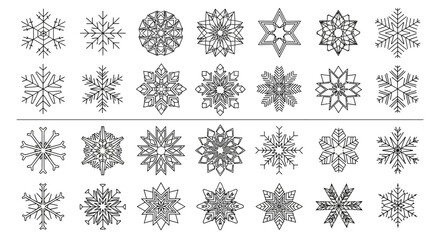 A collection of delicate, geometric snowflake icons, perfect for winter designs and festive celebrations