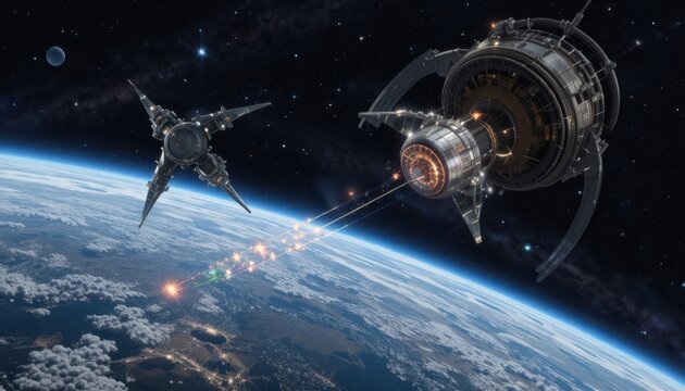 Spectacular futuristic space battle scene with spacecrafts and vibrant energy blasts above Earths