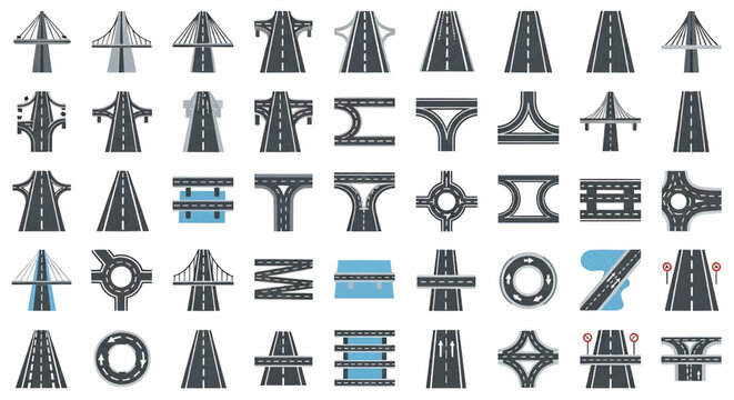 Collection of various road and highway intersection icons, bridges, and traffic elements