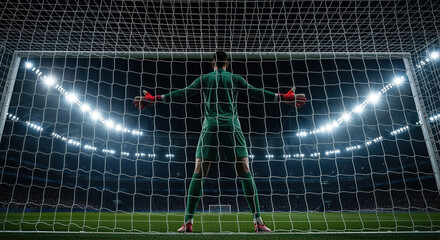 Rear view of a soccer goalkeeper defending the goal in a stadium at night. Professional football player in position for a save during a match