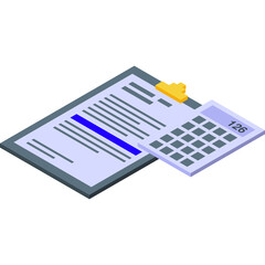 Isometric Illustration of a Clipboard with Document and Calculator Displaying Number 126 Showing Financial Data Analysis and Accounting Tasks