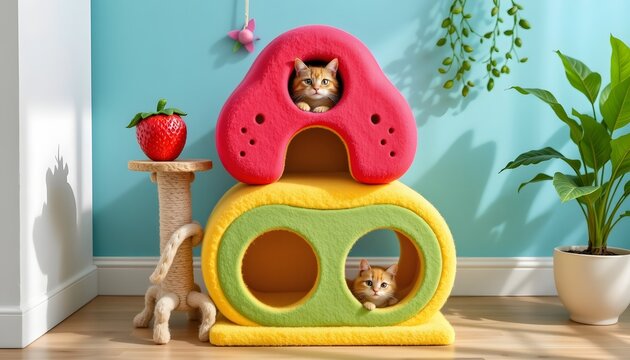 a bright fruity themed cat condo with strawberry, mango, and kiwi colors.