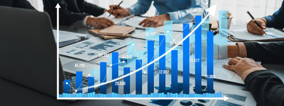 Business intelligence and data analysis concept. Team of analyst working on financial data analysis dashboard on paper as marketing indication for business strategic planning. Insight Amity - Powered by Adobe