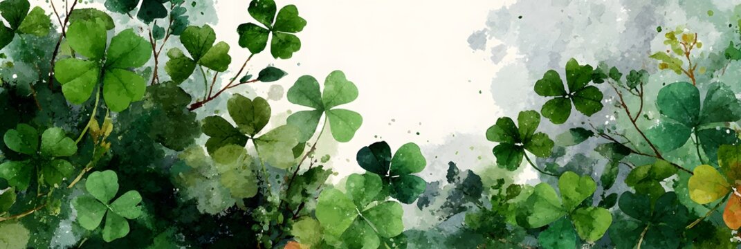 watercolor shamrock and clover border with lush green foliage, symbolizing Irish luck and St. Patrick’s Day celebration