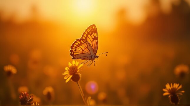 Butterfly on Flower Warm Sunset Light