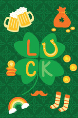 St Patrick Lucky Icons Poster with Beer and Shamrocks