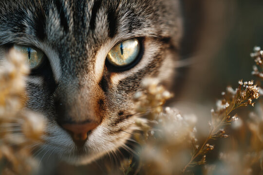 Close-up of a striped cat's face with striking yellow-green eyes peeking out.