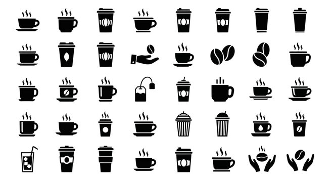 Sleek and versatile vector icon collection featuring a wide array of coffee and hot beverage representations, perfect for modern UI/UX design, web applications, and branding