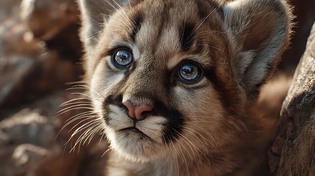 Young mountain lion cub with bright blue eyes and distinctive facial markings in natural habitat, showcasing wildlife conservation and endangered species awareness. - Powered by Adobe
