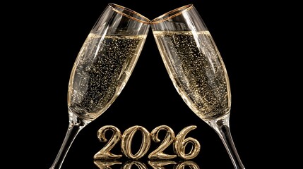 Two champagne flutes with golden bubbles clinking together against black background, featuring golden 2026 numbers for New Year celebration.
