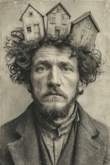 Surreal sepia portrait of a man with houses on his head