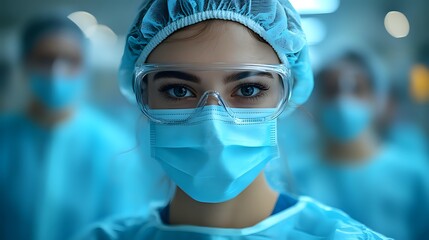 Female healthcare professional in surgical attire with protective mask and eyewear in hospital operating room environment with blurred medical team in background.
