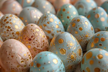 Pastel blue and pink Easter eggs decorated with gold polka dots arranged in rows, creating festive holiday decor for spring celebrations.
