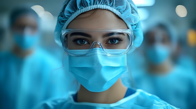Female healthcare professional in surgical attire with protective mask and eyewear in hospital operating room environment with blurred medical team in background.