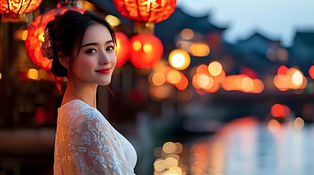 Young Asian woman in white lace dress against blurred background of traditional red lanterns and water reflection during evening festival.