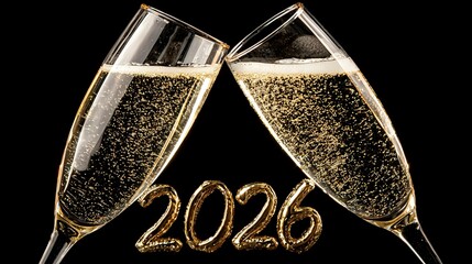 Two champagne flutes clinking together with golden bubbles and sparkling 2026 numbers against black background, celebrating New Year or anniversary.