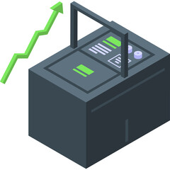 Isometric illustration of a dark gray electronic device with a green arrow graph showing upward trend and growth on a transparent background