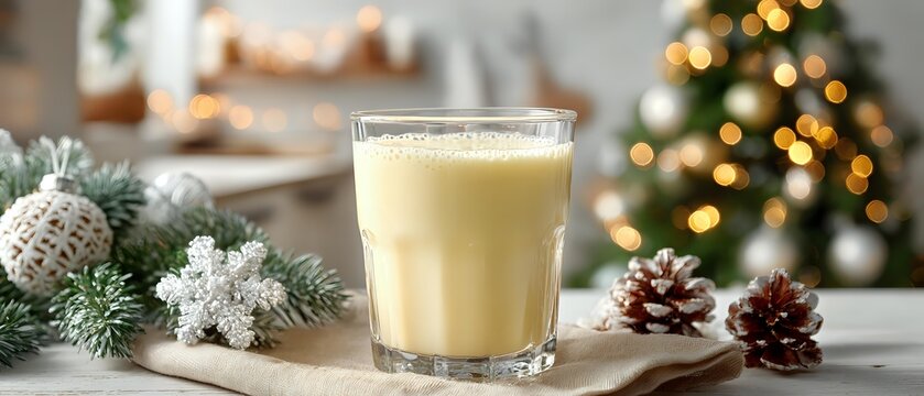 Glass of creamy eggnog on festive table with pine cones, evergreen branches and Christmas tree lights in background.