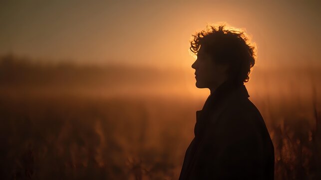 Silhouette of young man with curly hair standing in field during golden sunset, atmospheric fog creating dreamy landscape for contemplative mood. - Powered by Adobe