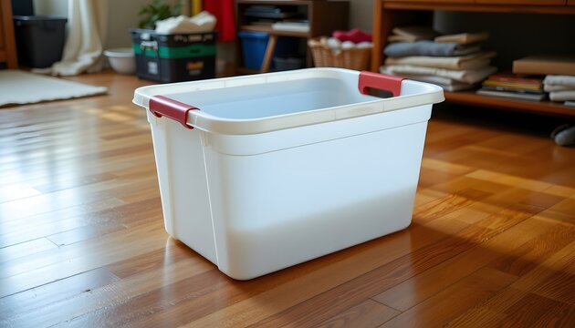 a spacious plastic storage tote on a wooden floor in a clutter free home.