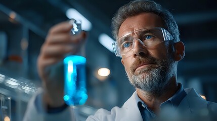Mature male scientist with gray beard examining blue liquid in test tube, wearing protective glasses in modern laboratory environment.