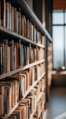Rows of vintage books on wooden shelves in library with natural light from window, creating cozy academic atmosphere.