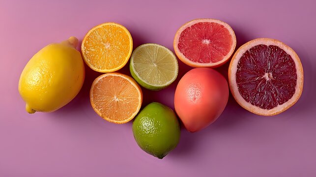 Fresh citrus fruits collection with lemon, orange, lime, grapefruit and blood orange halves arranged on purple background for healthy eating concept. - Powered by Adobe