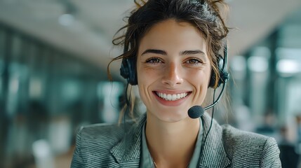Young female customer service representative with headset smiling in modern office environment, showcasing professional and friendly demeanor.