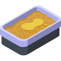Isometric Illustration Of A Cat Litter Box Filled With Sandy Litter And A Yellow Liquid Stain On A Transparent Background