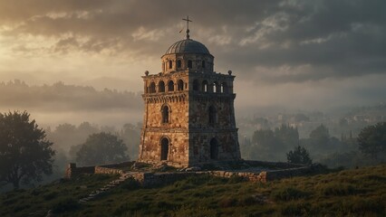 a tower on a hill with trees in the background