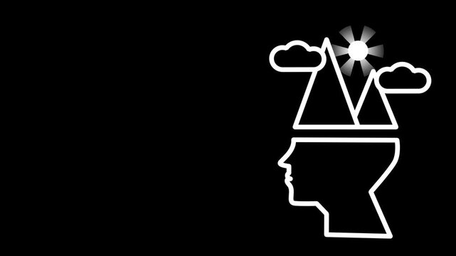 A head carries balanced scales and soft clouds, illustrating harmony in thought, calm judgment, and a mindful equilibrium between emotion and rational insight.
