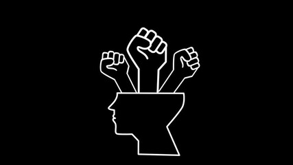 A head filled with raised fists expresses empowered thinking, internal strength, resilience, and the bold mental determination to surpass personal obstacles.
