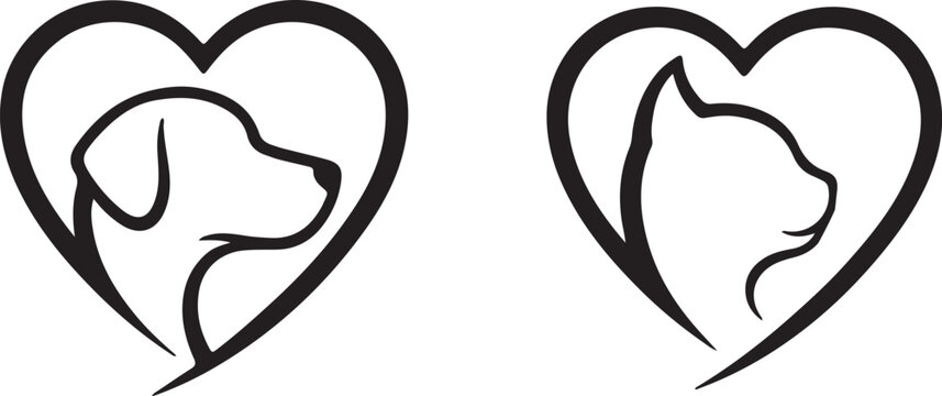 Outline illustration of a dog and a cat head profiles inside heart shapes, symbolizing pet love, care, and animal welfare concepts.