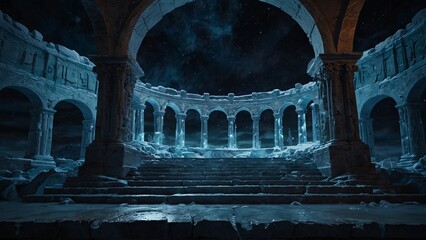 an image of an abandoned building in the middle of the night